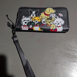 Marc Tetro Black Leather Wristlet Wallet with Dog Print NWOT 7.5*4"